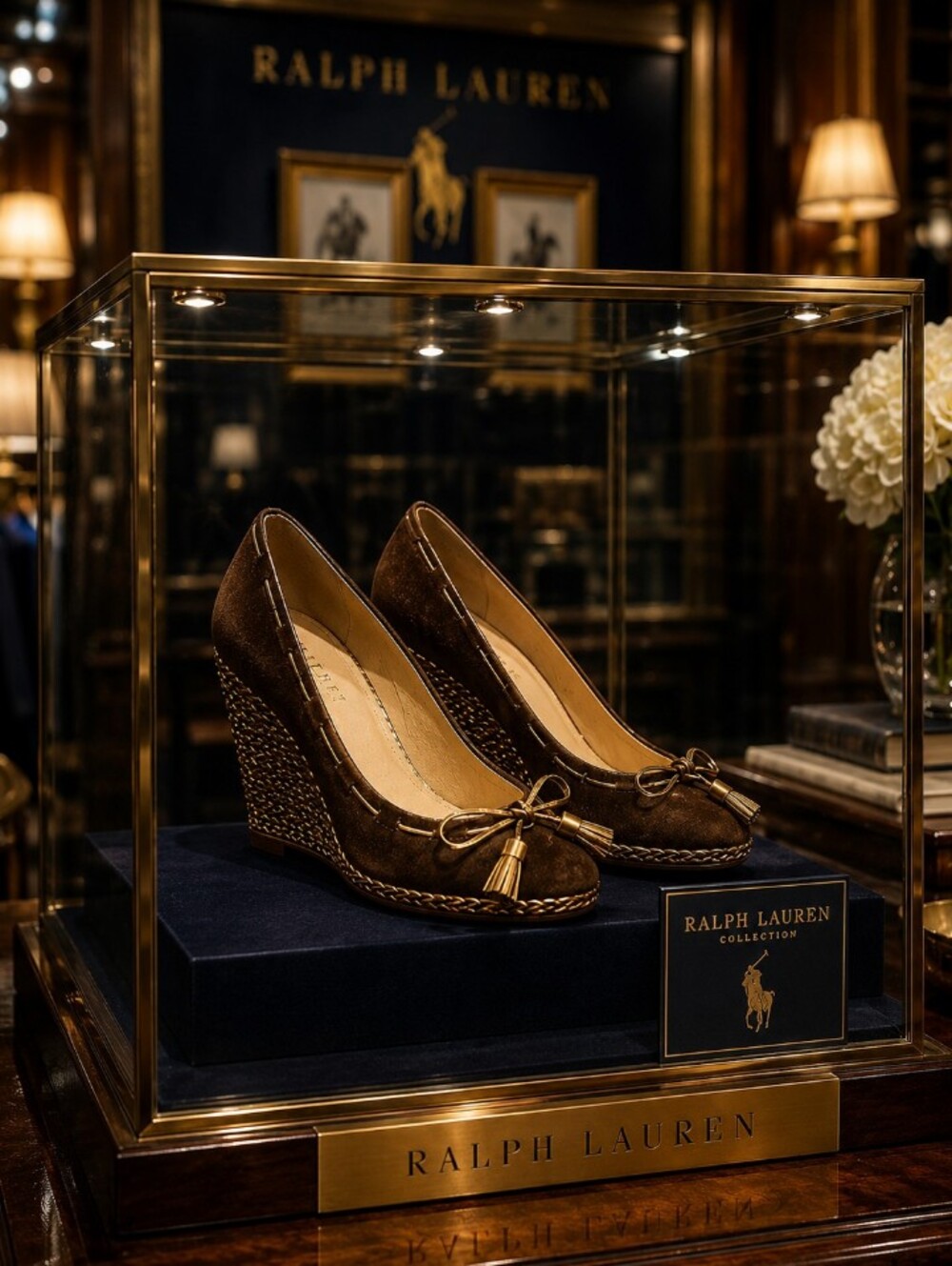 Ralph Lauren Dark Brown Suede Braided Wedge Pumps with Tassels